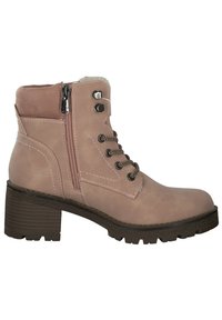 Bottine rose avec tige en cuir texturé, fermeture éclair en métal et lacets à l'avant. Dispose d'un talon empilé et d'une semelle robuste pour une meilleure adhérence.