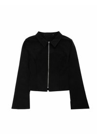 Zwarte, cropped jasje gemaakt van zachte stof, met een kraag, lange uitlopende mouwen en een centrale ritssluiting.