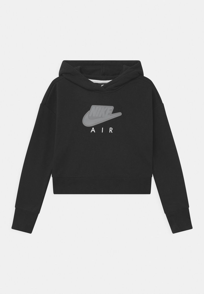 Sweat à capuche noir court avec manches longues, comportant un logo Nike gris et le texte "AIR" sur la poitrine, sur un fond uni.