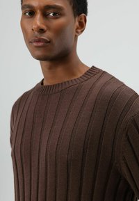 Bruine geribbelde trui met een ronde halslijn en een gestructureerde, getextureerde brei. De stof heeft een zachte, gestructureerde uitstraling met verticale lijnen.