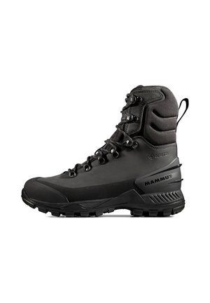 Zwarte wandelschoen met waterdichte Gore-Tex bovenkant, robuuste rubberen zool, hexagonaal vetersysteem en gevoerde enkelondersteuning.