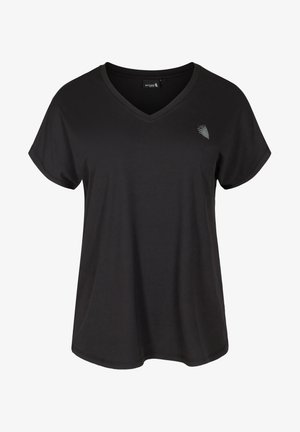 Czarna koszulka typu V-neck z krótkimi rękawami, wykonana z gładkiego materiału; posiada mały graficzny detal na lewej piersi. Prosty i klasyczny design.
