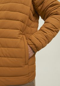 Giacca trapuntata marrone con colletto alto e tasche laterali, caratterizzata da una texture liscia e un design imbottito per l'isolamento.