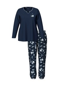 Conjunto de pijama en color navy que incluye una parte superior de manga larga con cuello redondo y pantalones con un patrón divertido que presenta figuras de dibujos animados en tonos claros.