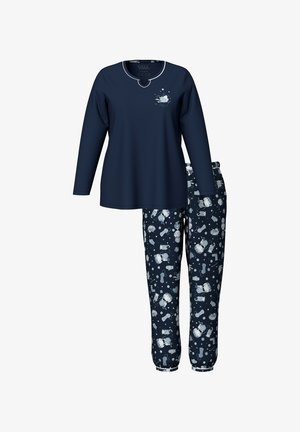 Navy pajama set featuring a long-sleeve top with a rounded neckline and playful patterned pants with light-colored cartoon figures.