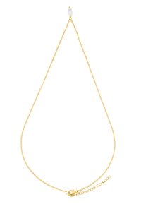 Collier en ton doré avec une chaîne délicate, un petit accent perlé et un fermoir sécurisé. Design simple et élégant avec une texture lisse.