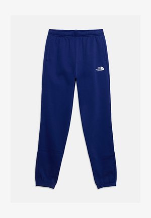 Pantalon de survêtement bleu marine avec ceinture élastique et poignets aux chevilles, poches latérales, et un logo blanc The North Face sur la cuisse gauche.