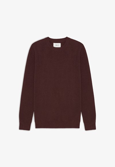 Burgundy knitted sweater with a crew neckline, long sleeves, and ribbed texture. Simple design, no patterns or accents.