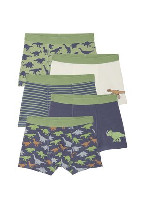 Fünf Paare Herrenboxershorts mit Dinosauriermustern. Die Farben umfassen Grün, Marineblau und Weiß mit grünen Bündchen. Verschiedene Designs sind abgebildet.
