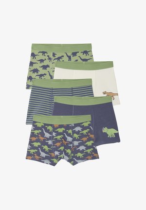 Five pairs of boys' boxer briefs featuring dinosaur patterns. Colors include green, navy, and white with green waistbands. Various designs are displayed.