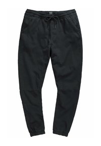 Pantalones jogger negros con cinturilla elástica, cordón ajustable, bolsillos laterales, piernas ajustadas y puños acanalados. Tejido suave con un acabado mate.