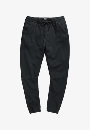 Zwarte joggingsbroek met een elastische tailleband, trekkoord, zijzakken, taps toelopende pijpen en ribbels aan de boorden. Soepele stof met een matte afwerking.