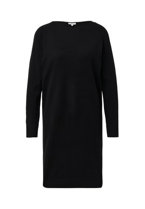 Langärmliges, schwarzes Strickkleid mit Rundhalsausschnitt, gerippten Bündchen und geradem Saum, vor einem weißen Hintergrund präsentiert.