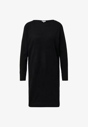 Čierne pletené šaty s dlhým rukávom, okrúhlym výstrihom, rebrovanými manžetami a rovnými lemami, predvedené na bielom pozadí.