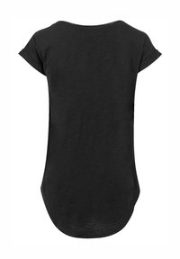 Black T-shirt, short sleeves, curved hem, soft texture, minimal design, no visible seams or embellishments, plain back view.