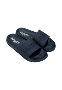 Navy blue slide sandals with a textured strap and cushioned footbed, featuring an embossed logo on the strap and a smooth sole.