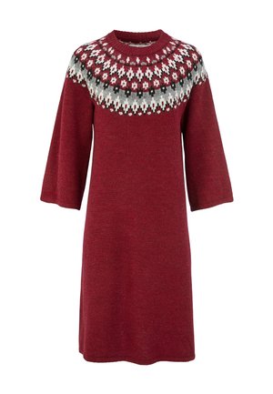 Neulepuku viininpunaisena, jossa on kolmenneljänneksen kellohihat, ja valkoisesta, punaisesta ja mustasta koostuva kuviollinen pääntie. Teksturoitu villasekoitemateriaali.