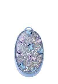 Étui en plastique de forme ovale avec un cadre bleu clair. Présente un intérieur pailleté avec plusieurs personnages de dessins animés dans des teintes de bleu et de rose.