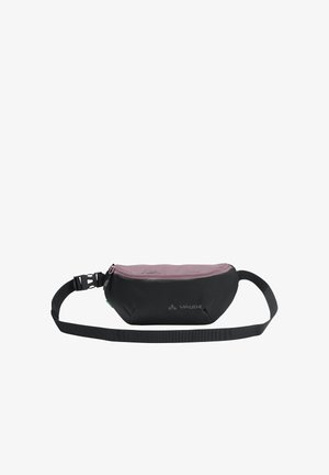 Schwarz-lila Bauchtasche mit Reißverschluss, verstellbarem Riemen und Vaude-Logo auf der Vorderseite.