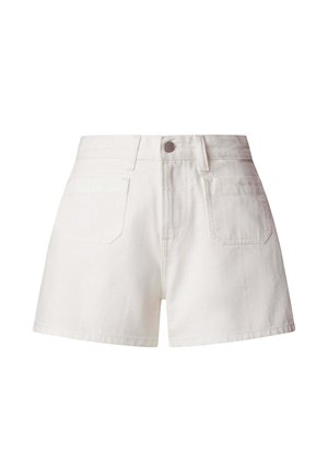 Weiße Jeansshorts mit hohem Bund, vorderen Taschen, Gürtelschlaufen und einem Knopfverschluss an der Taille.