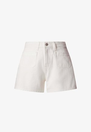 Weiße Jeansshorts mit hohem Bund, vorderen Taschen, Gürtelschlaufen und einem Knopfverschluss an der Taille.