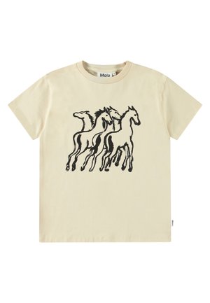 Lyse beige kortærmet t-shirt med sort kunstnerisk skitse af fire løbende heste foran og en rund halsudskæring.