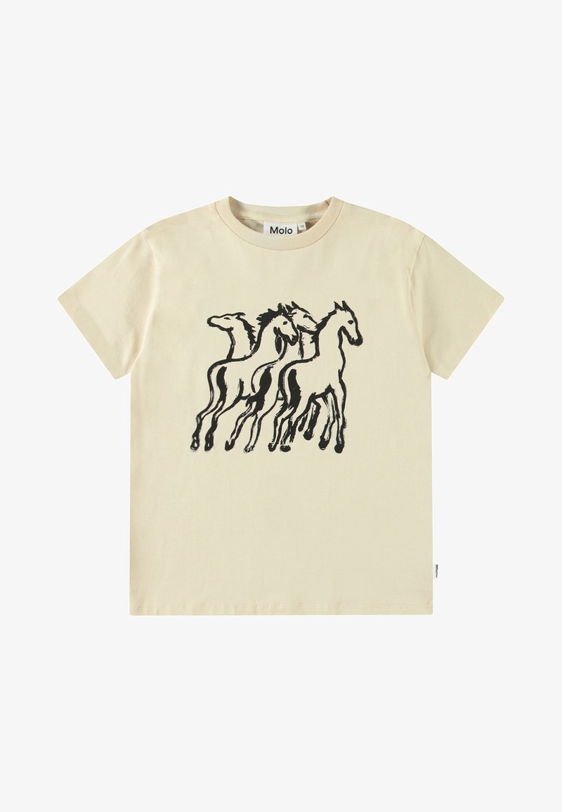 T-shirt beige clair à manches courtes avec un croquis artistique noir de quatre chevaux courant sur le devant et un col rond.