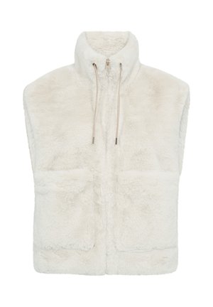Witte, pluche fleece vest met hoge kraag, vooraan rits en trekkoord. Beschikt over twee voorkruiszakken en heeft geen mouwen voor een open design.