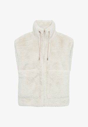 Weißer, plüschiger Fleece-Weste mit hohem Kragen, Frontreißverschluss und Kordelzug. Verfügt über zwei Fronttaschen und keine Ärmel für ein offenes Design.