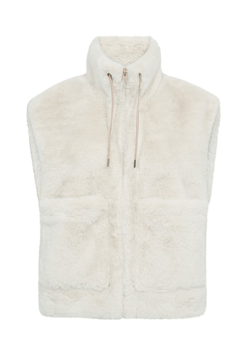 Weißer, plüschiger Fleece-Weste mit hohem Kragen, Frontreißverschluss und Kordelzug. Verfügt über zwei Fronttaschen und keine Ärmel für ein offenes Design.