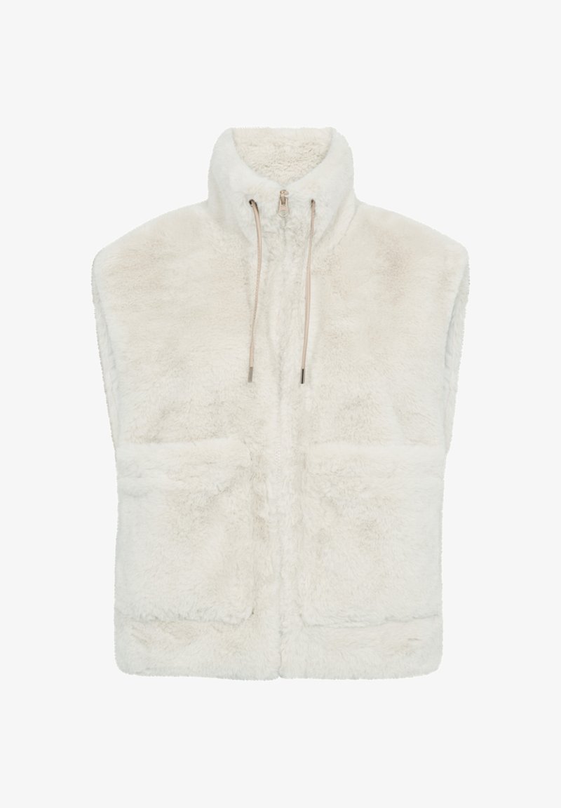 White, plush fleece vest with high collar, front zip, and drawstring. Features two front pockets and no sleeves for an open design.