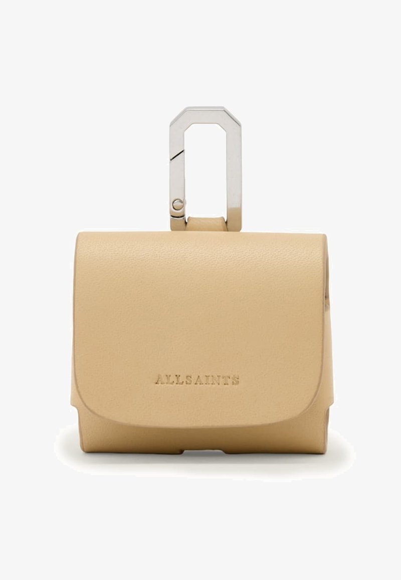 Petite pochette en cuir beige avec un mousqueton rectangulaire argenté et "ALLSAINTS" embossé sur le rabat avant.