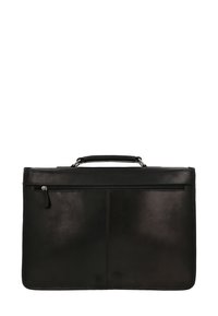 Čierna kožená aktovka s hladkým povrchom, hornou rukoväťou a zipsovým vreckom. Disponuje elegantným, obdĺžnikovým tvarom a jemným prešívaním.