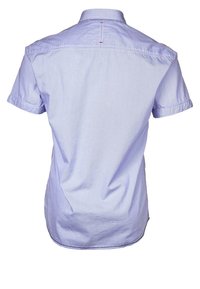 Light blue short-sleeve shirt with a collar, featuring pinstripes, double stitched seams, and a red accent at the back neckline.