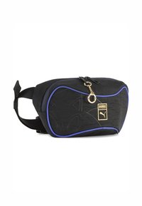 Marsupio nero e blu con tirazip a forma di portachiavi, profilo sottile di Sonic the Hedgehog e patch del logo Puma in oro sulla tasca anteriore.