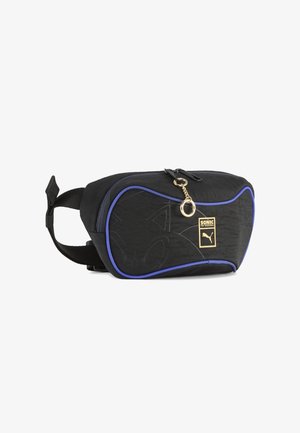 Svart och blå midjeväska med dragkedja i form av en nyckelring, subtil kontur av Sonic the Hedgehog och Puma-logotyp i guld på framfickan.