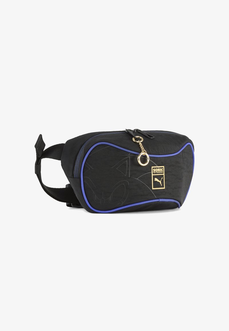 Marsupio nero e blu con tirazip a forma di portachiavi, profilo sottile di Sonic the Hedgehog e patch del logo Puma in oro sulla tasca anteriore.