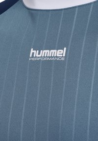 Prestatieshirt in lichtblauw met subtiele verticale strepen, voorzien van een ronde halslijn en het "hummel" logo in het wit. Zachte stofkwaliteit.