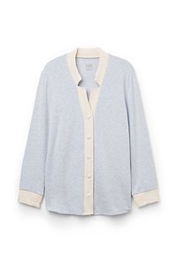 Helles blaues Strickjacke mit einem cremefarbenen Kragen und Knopfleiste. Besitzt lange Ärmel und eine V-Ausschnittform mit einem abgerundeten Saum. Glatte Textur.