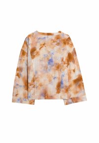 Długosleeve top w lekkim materiale, z abstrakcyjnym wzorem w odcieniach brązu i niebieskiego, w okrągłym dekolcie i luźnym kroju.