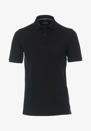 Polo noir en tissu coton lisse, avec une patte de boutonnage à deux boutons, des manches courtes et un logo discret sur la poitrine.