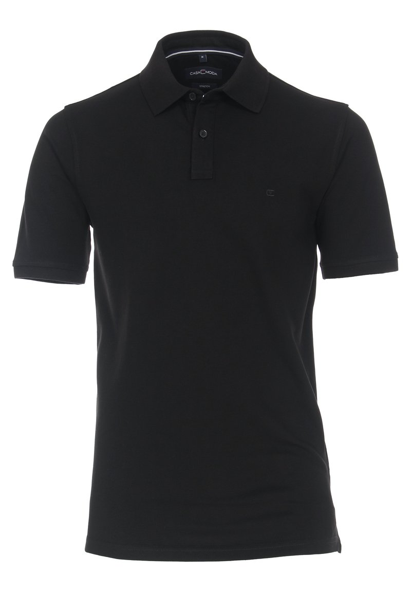 Schwarzes Polohemd aus glattem Baumwollstoff, mit einer Knopfleiste mit zwei Knöpfen, kurzen Ärmeln und einem dezenten Logo auf der Brust.