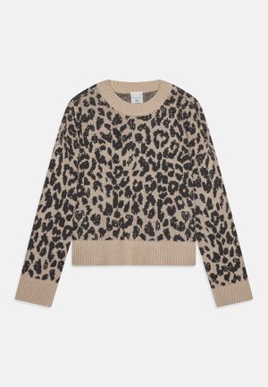 Maglione beige con motivo a leopardo nero, con polsini e orlo a coste e scollatura rotonda. Tessuto a maglia morbido con maniche lunghe.