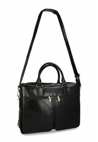 Czarna skórzana torba na laptopa z podwójnymi uchwytami u góry i odpinanym paskiem na ramię. Posiada dwie przednie kieszenie na zamek i wypolerowane okucia.