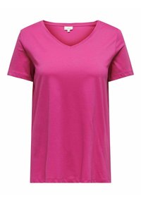Vibrant fuksija majica s v-neck izrezom izrađena od laganog pamuka. Kratki rukavi, ležeran kroj, minimalni detalji šavova, glatka tekstura.