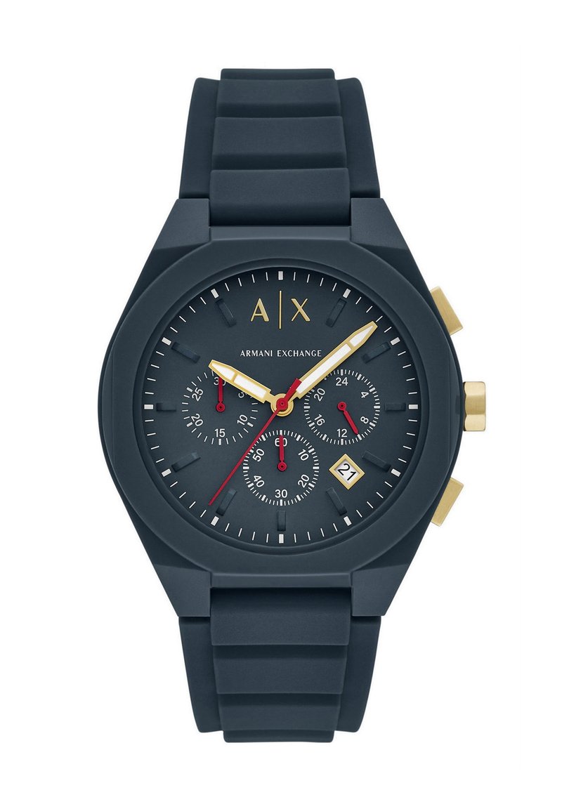 Tamno plavi silikonski sat s okruglom kućištem, zlatnim detaljima, tri podbroja i prikazom datuma. Ima velike, lako čitljive brojeve.