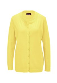 Gelbe Strickjacke mit rundem Halsausschnitt, Knopfverschluss vorne, langen Ärmeln sowie gerippten Bündchen und Saum. Aus einem weichen, leichten Material gefertigt.