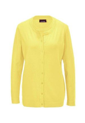 Gelbe Strickjacke mit rundem Halsausschnitt, Knopfverschluss vorne, langen Ärmeln sowie gerippten Bündchen und Saum. Aus einem weichen, leichten Material gefertigt.