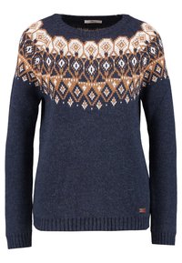 Pull en tricot bleu marine avec un col rond. Présente un yoke à motifs en blanc et rouille, ainsi que des poignets et un ourlet côtelés. Orné d'une petite étiquette.