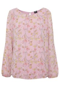 Vaaleanpunainen pitkähiha blouse, jossa on keltainen ja valkoinen kukkakuosi, pyöreä pääntie, hienot poimut edessä ja elastiset hihansuut.